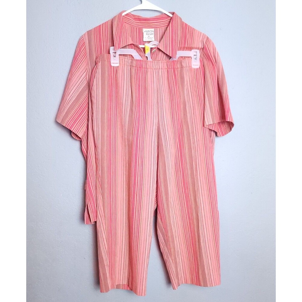Allison Daley Womens 2-Piece Set Button-Up Top Blouse & Pant Red Striped Size 14